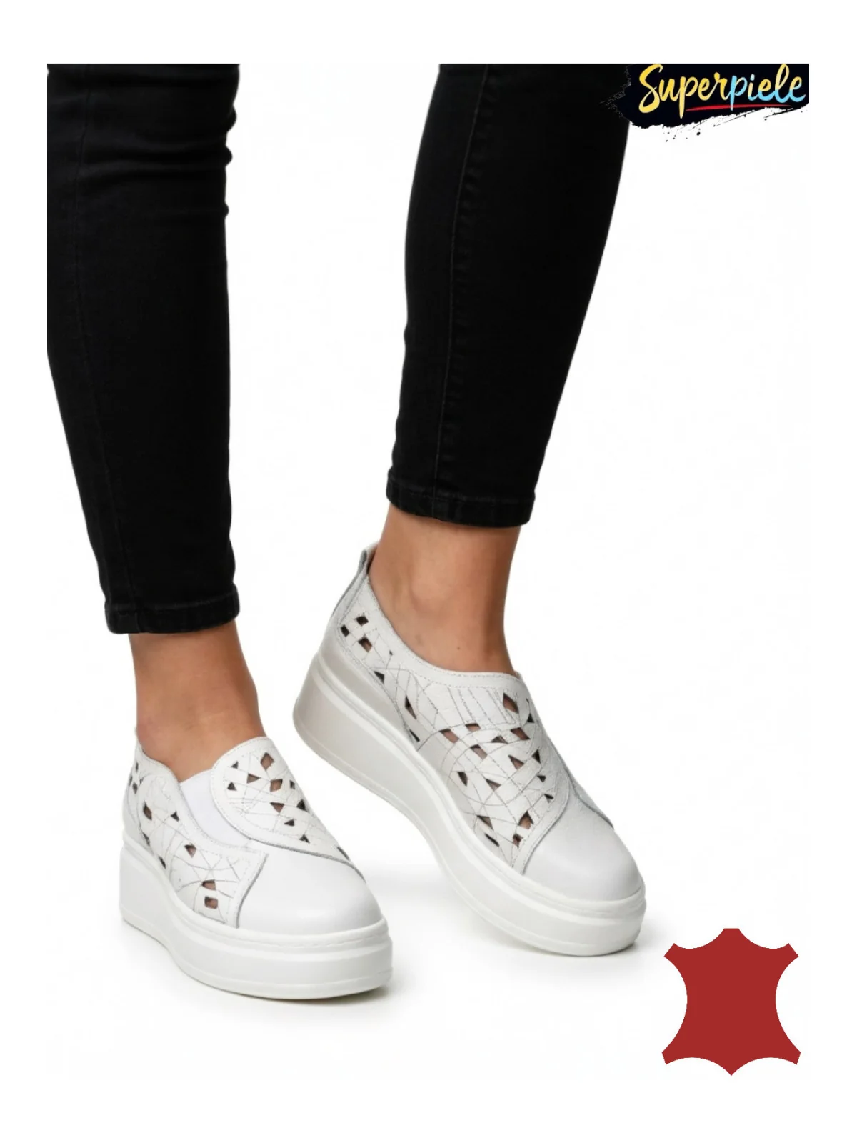 Sneakers dama din piele naturală cu perforație decorative