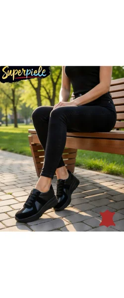 Pantofi casual damă piele naturală cu inserție de piele întoarsă,talpă groasă, închidere cu șireturi