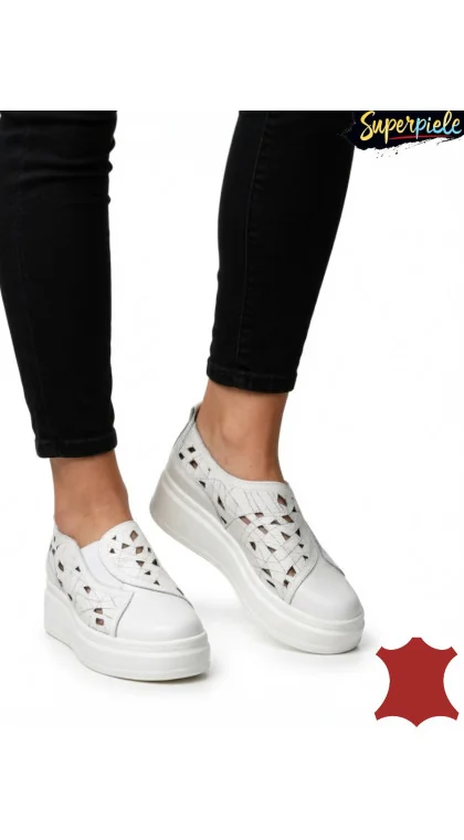 Sneakers dama din piele naturală cu perforație decorative
