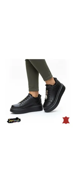 Pantofi casual beige Leather pentru femei din piele, cu talpă înaltă și dantelă decorativă, căptușiți cu blană, T-7011