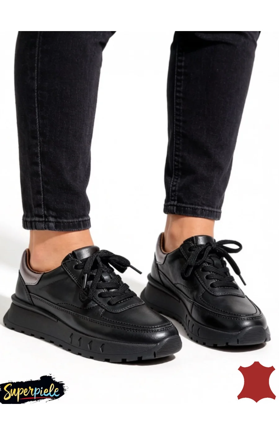 Pantofi casual damă din piele negri, cu talpă groasă și confortabilă F001-892