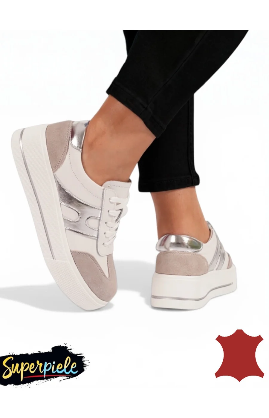 Pantofi casual din piele albi și grey Leather pentru femei T-8076