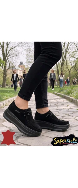 Pantofi Casual Damă din Piele Naturală Întoarsă – Talpă Groasă & Șiret Elastic