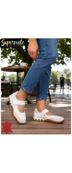 Balerini damă din piele întoarsă NATURALĂ și textil cu talpă flexibilă