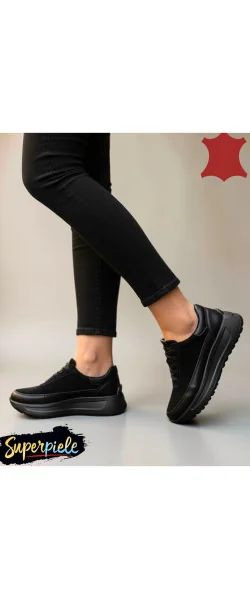 Sneakers din piele naturală & piele întoarsă – talpă groasă 5 cm