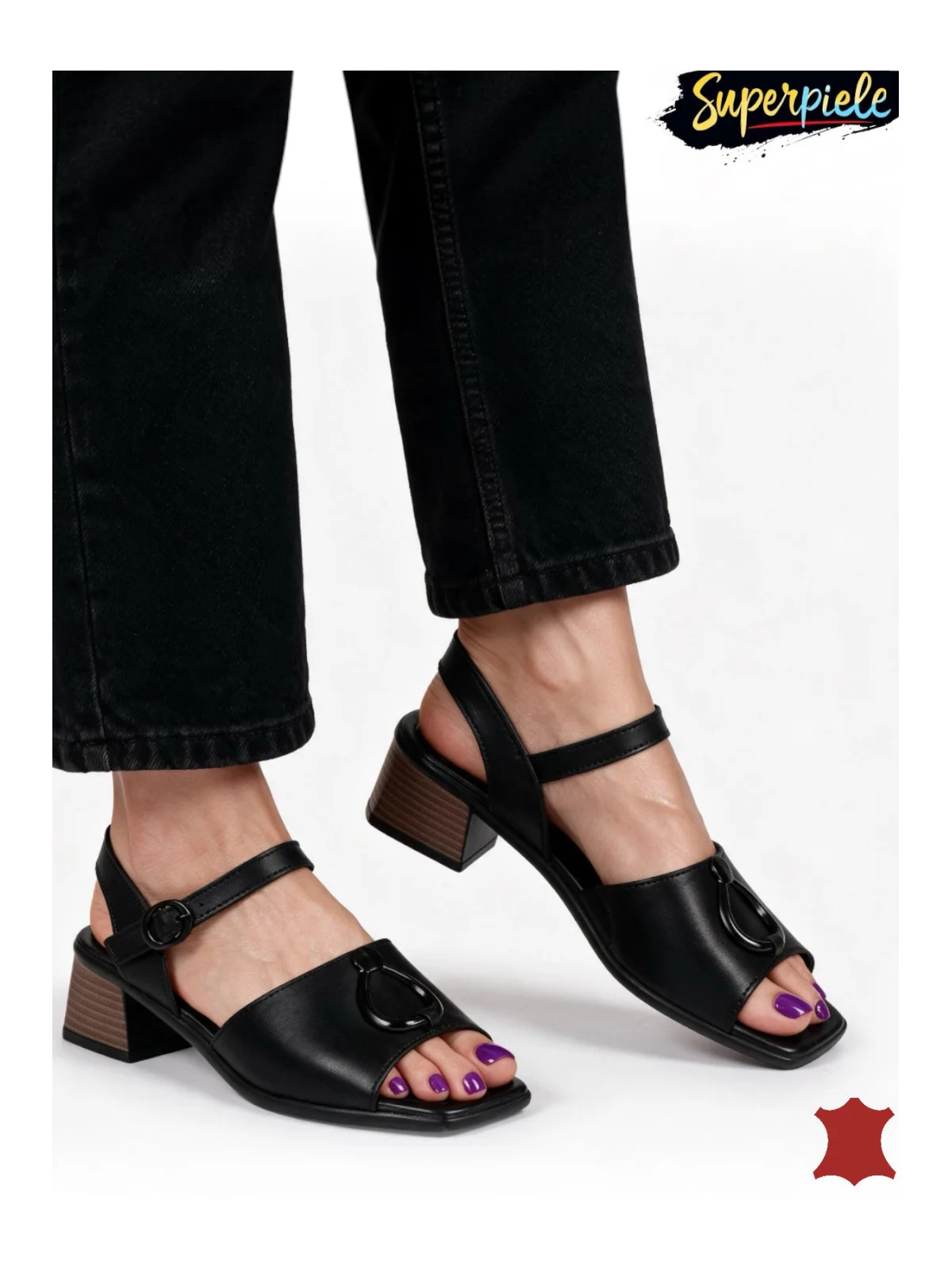 Sandale dama piele naturala negre cu toc gros