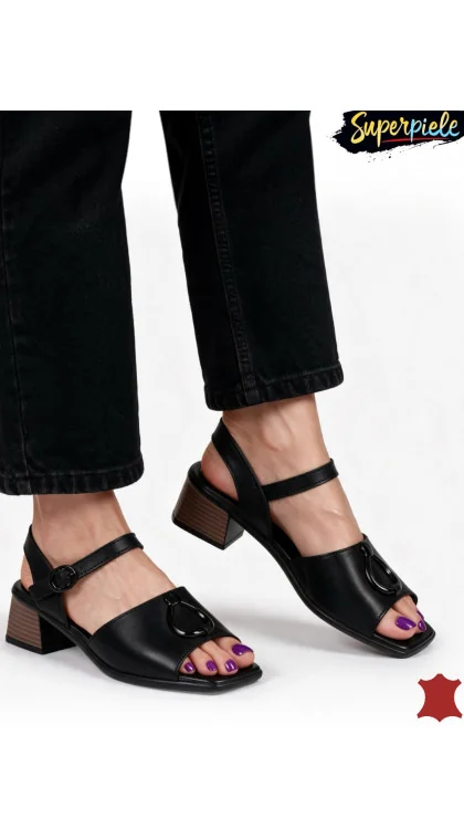 Sandale dama piele naturala negre cu toc gros