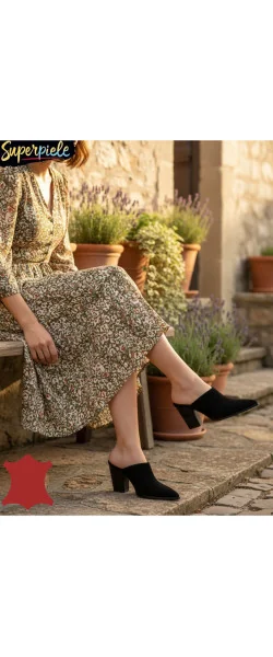 Saboți damă tip ciocate din piele naturală întoarsă cu toc gros