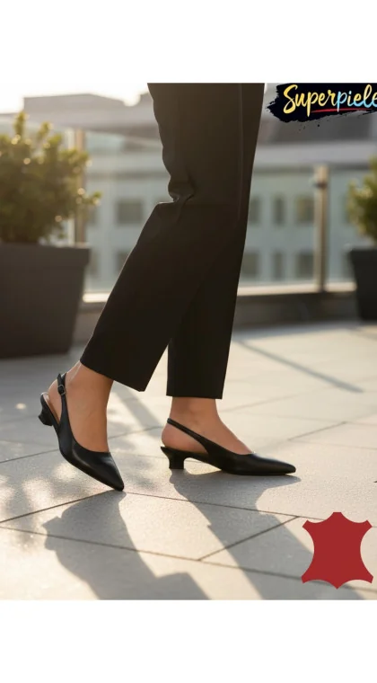 Pantofi slingback din piele naturală, toc gros mic