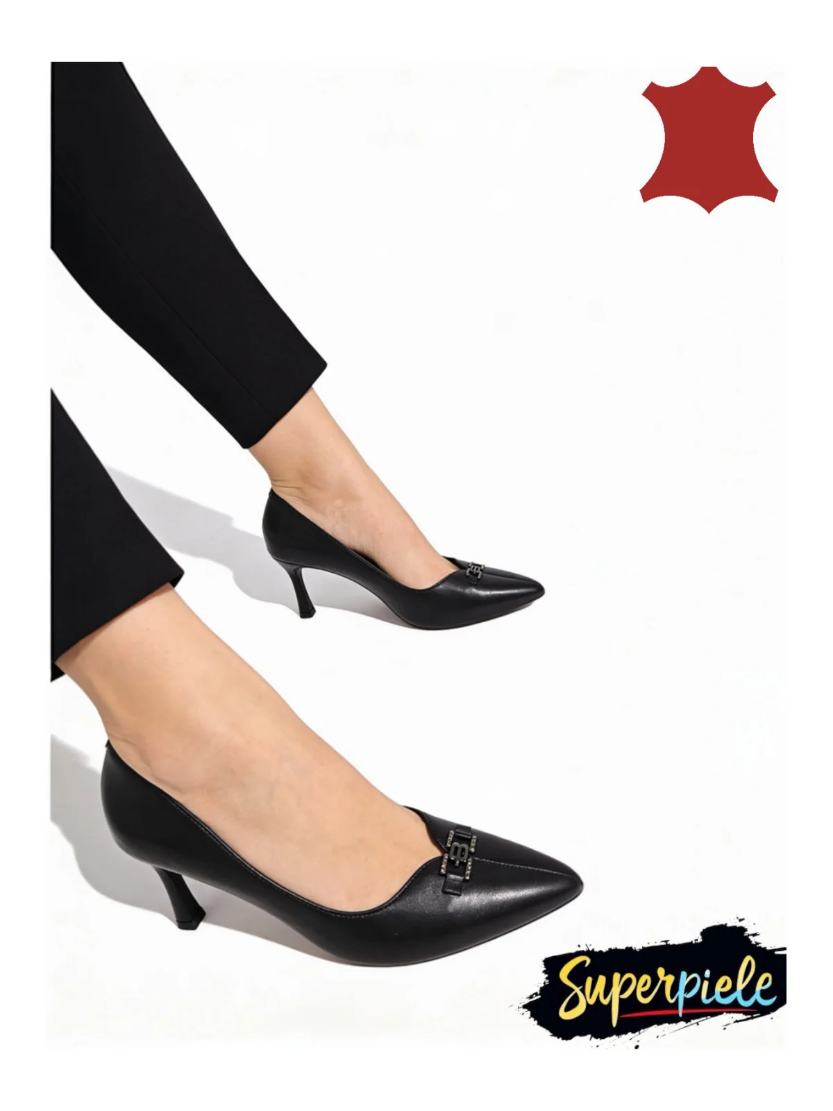 Pantofi dama negri stiletto din piele naturala cu catarama decorativa