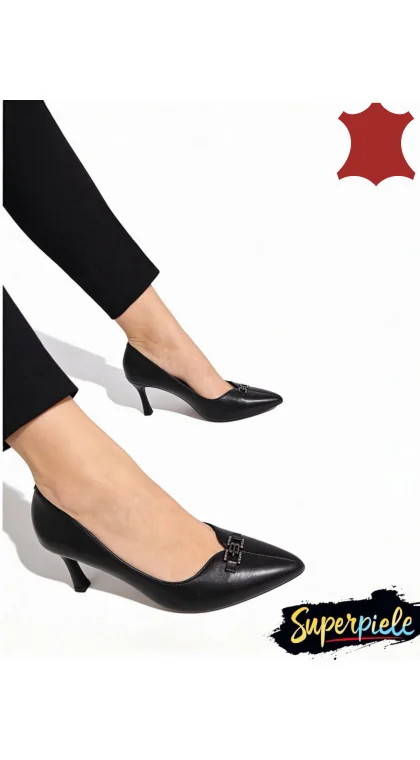 Pantofi dama negri stiletto din piele naturala cu catarama decorativa