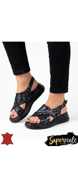 Sandale dama piele naturala intoarsa cu model floral si talpa groasa
