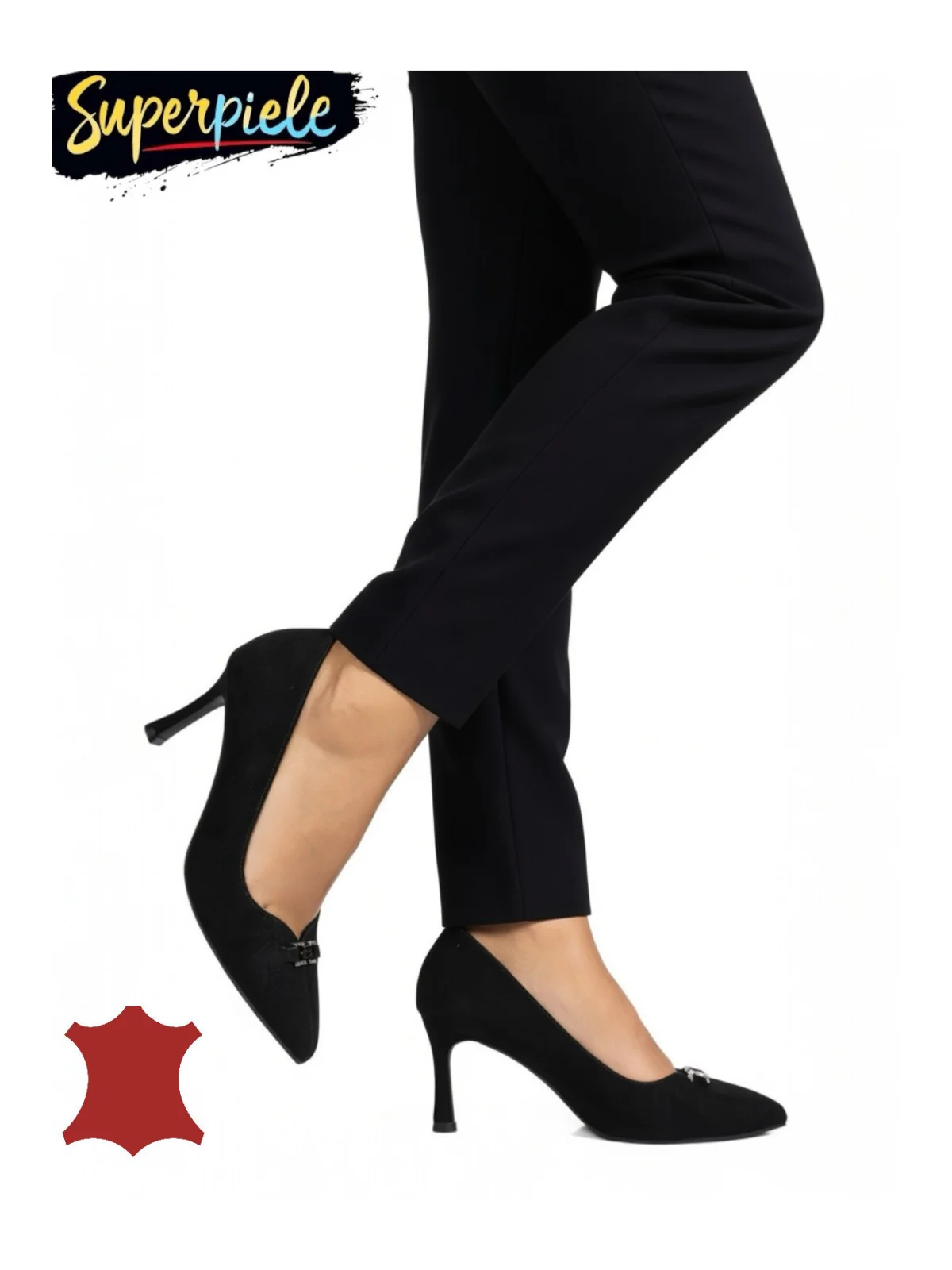 Pantofi damă eleganți negri din piele întoarsă naturală cu toc stiletto