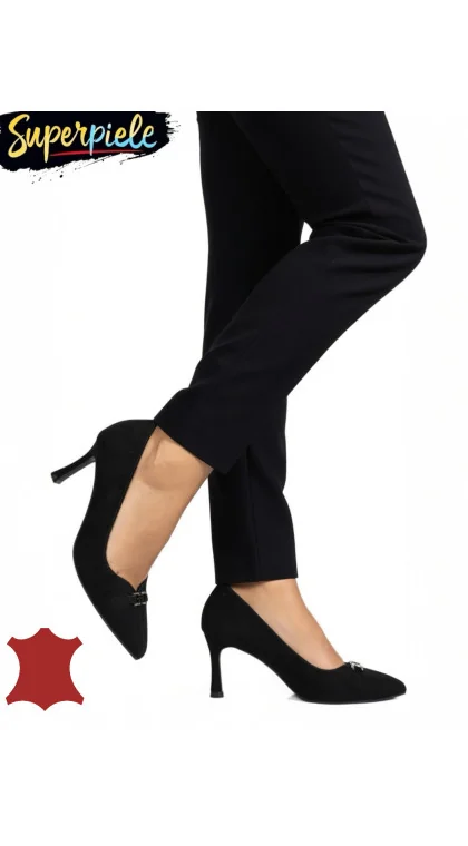 Pantofi damă eleganți negri din piele întoarsă naturală cu toc stiletto