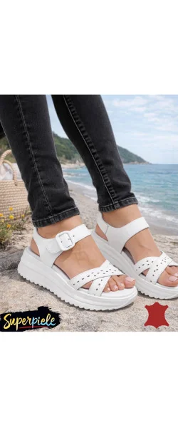 Sandale dama piele naturala albe cu inchidere scai si talpa groasa