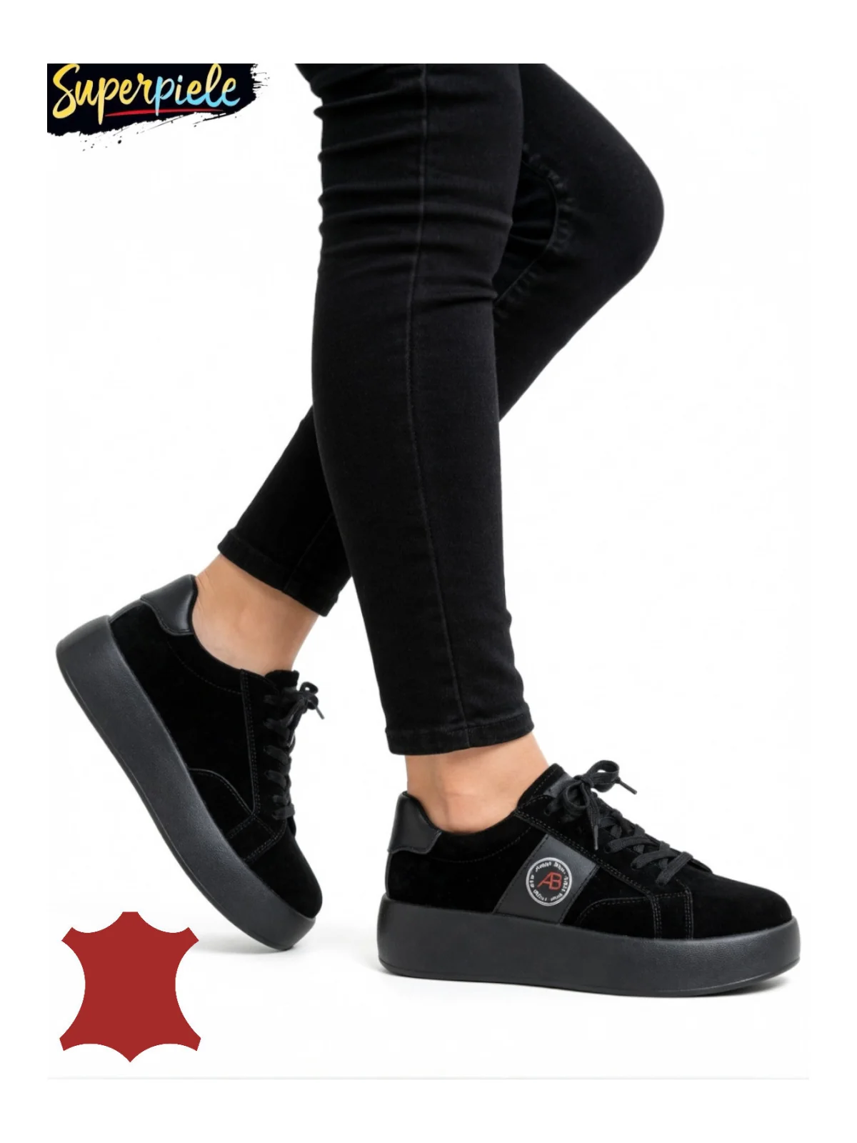 Pantofi casual negri din piele întoarsă pentru femei