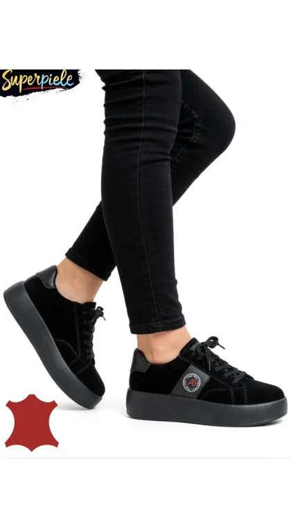 Pantofi casual negri din piele întoarsă pentru femei