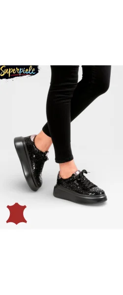 Pantofi casual dama piele naturala intoarsa cu imprimeu lucios si inchidere sireturi