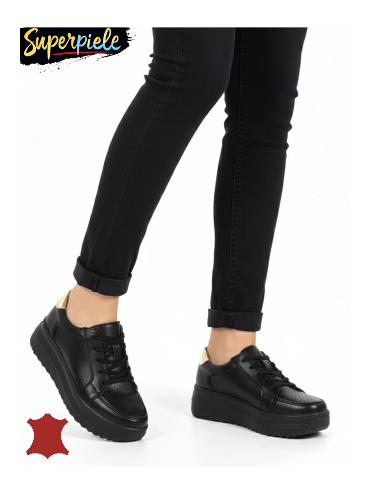 Pantofi casual damă negri cu gold Leather din piele naturală cu talpă înaltă