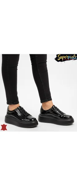 Pantofi casual damă croco din piele naturală lăcuită cu talpă înaltă
