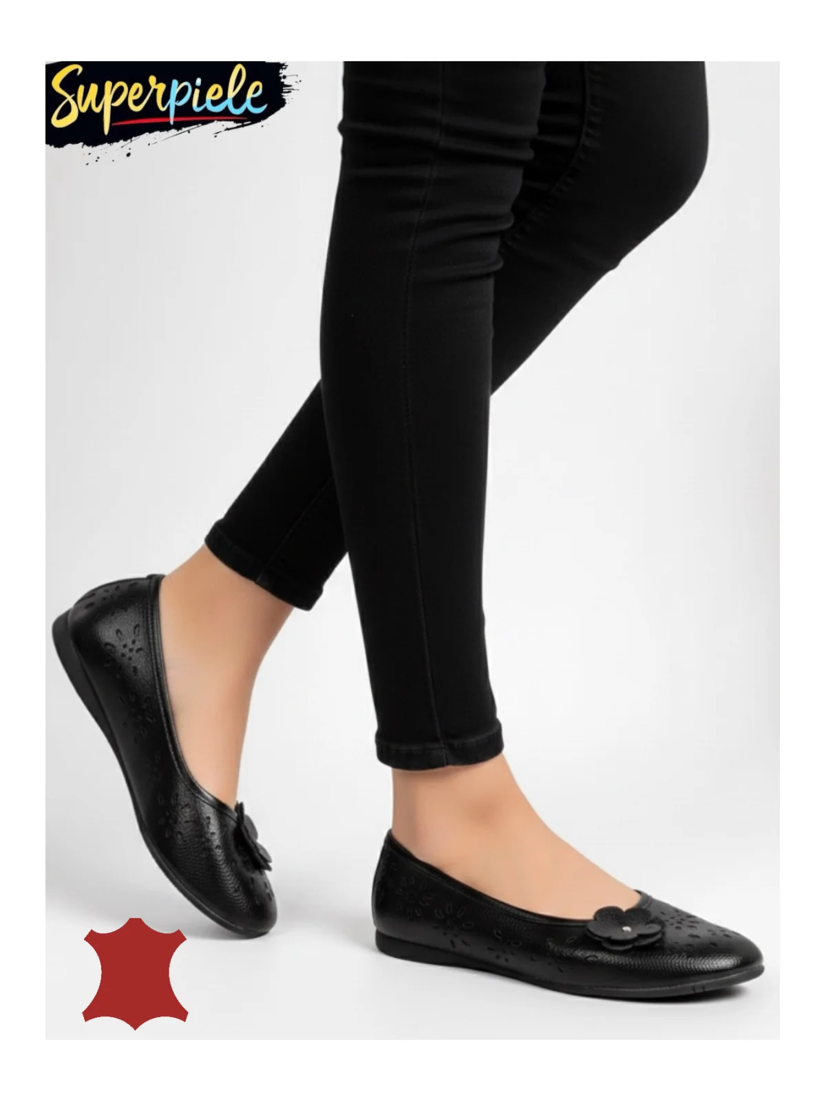 Balerine negre din piele cu model perforat și floare aplicată