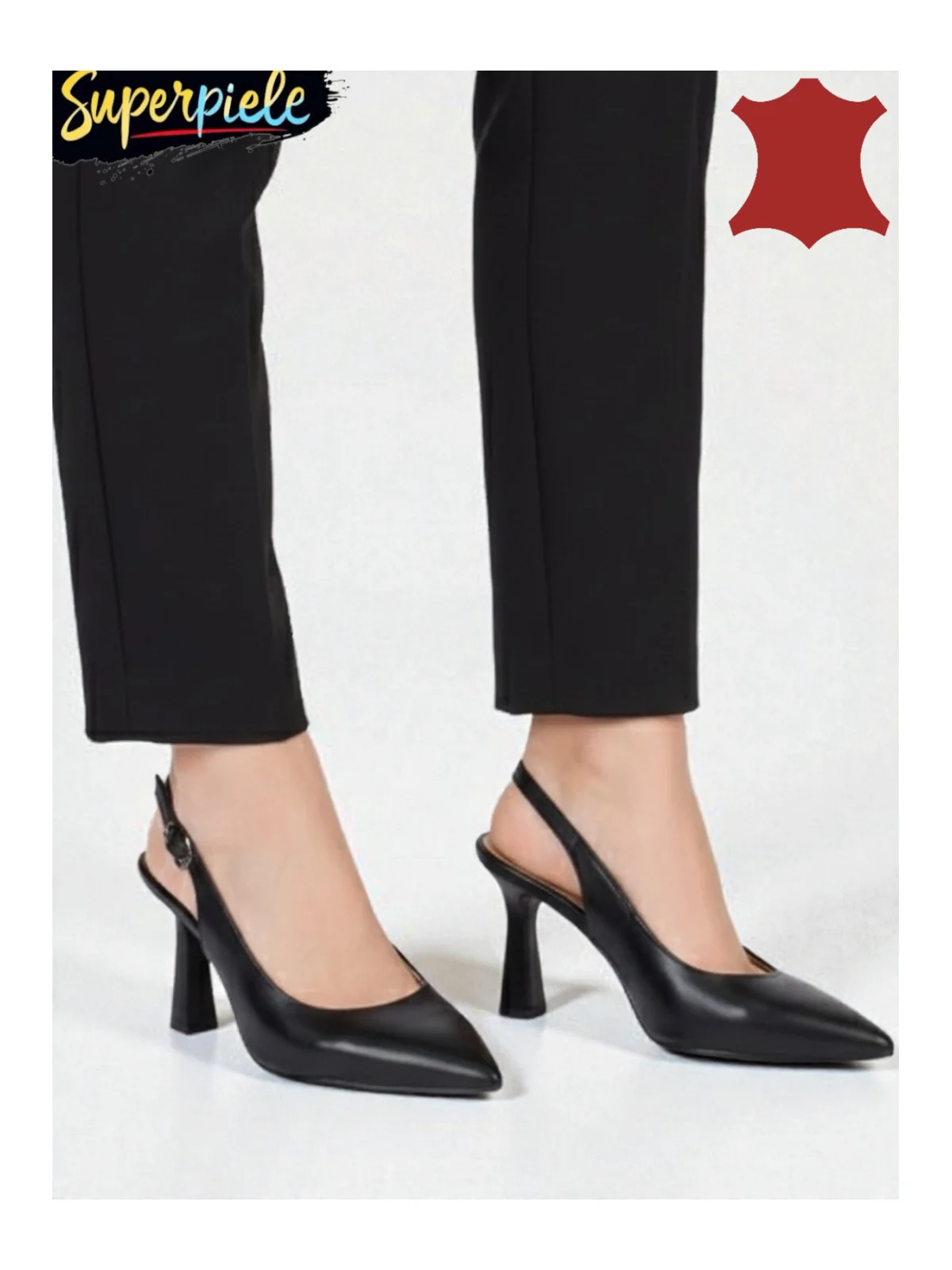 Pantofi eleganți de damă din piele neagră, cu toc și vârf ascuțit