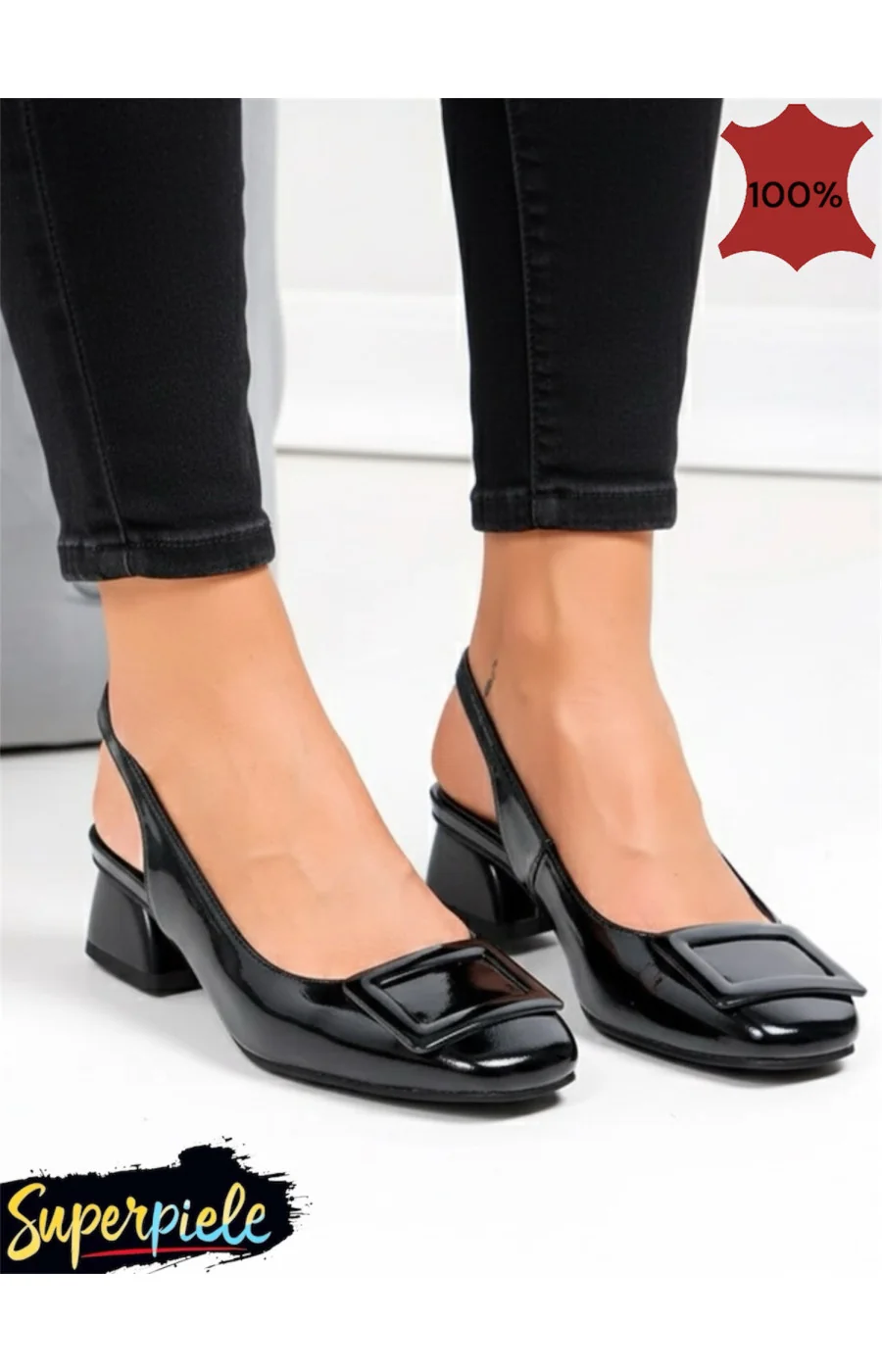 Pantofi de damă din piele naturală neagră, cu decorațiuni metalice și toc gros