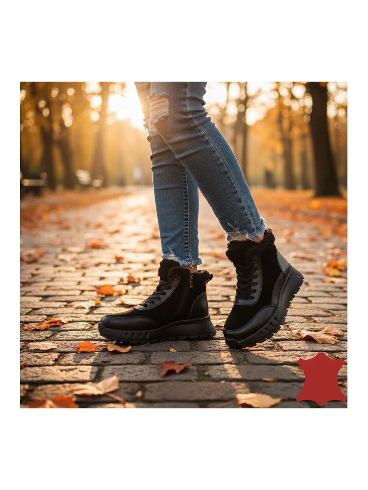 Ghete negre casual dama imblanite, piele naturală cu talpa groasă F001-878