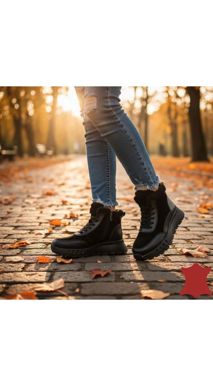 Ghete negre casual dama imblanite, piele naturală cu talpa groasă F001-878