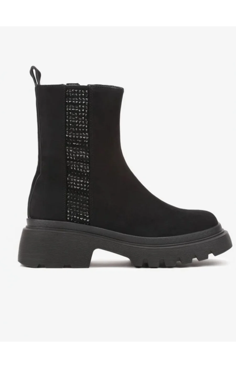 BOTINE casual negre DIN PIELE INTOARSA CU TALPA GROASA SI STRASURI DECORATIVE