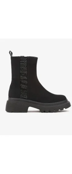 BOTINE casual negre DIN PIELE INTOARSA CU TALPA GROASA SI STRASURI DECORATIVE