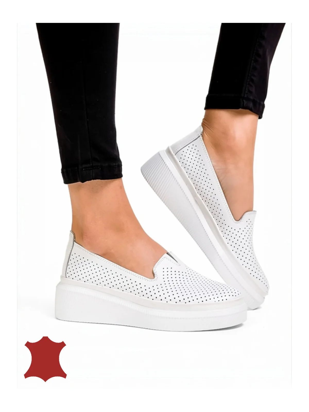 Pantofi casual dama piele naturala albi perforați cu talpă groasă