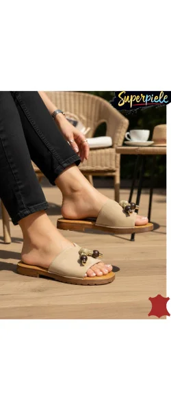 Papuci dama casual din piele naturală cu accesorii decorative
