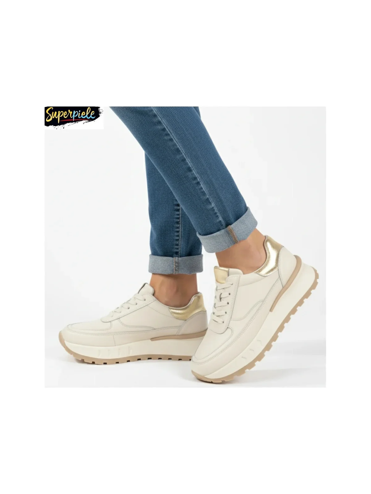 Pantofi casual beige Leather și aurii pentru femei, din piele, cu talpă groasă și confortabilă