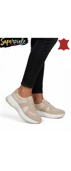 Pantofi casual damă piele naturală cu inserție de piele întoarsă,talpă groasă, închidere cu șireturi