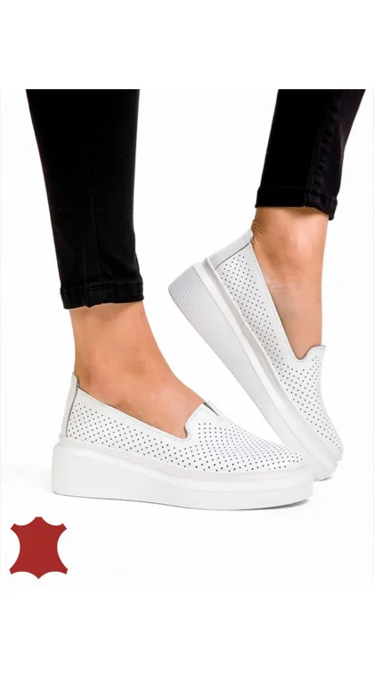 Pantofi casual dama piele naturala albi perforați cu talpă groasă