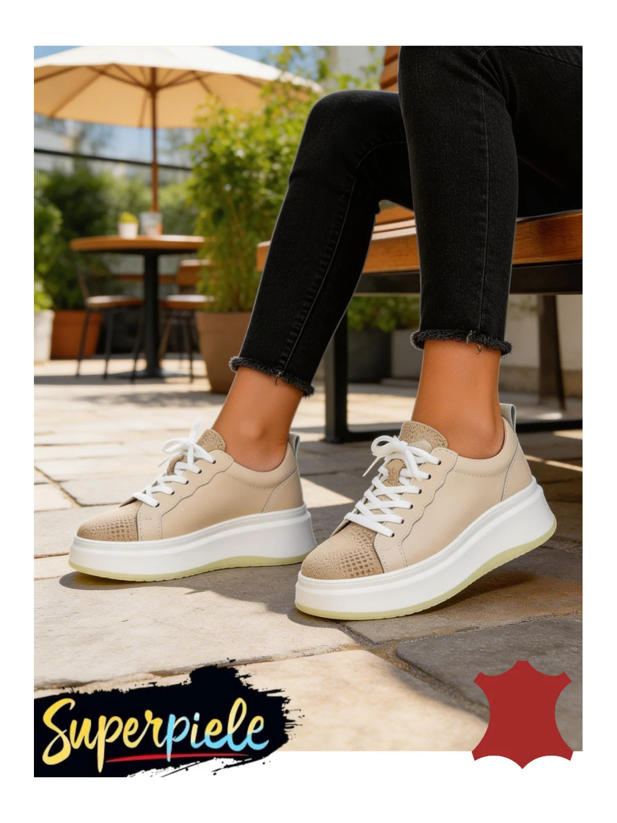 Pantofi sport beige Leather din piele naturală cu talpă înaltă MOVENII
