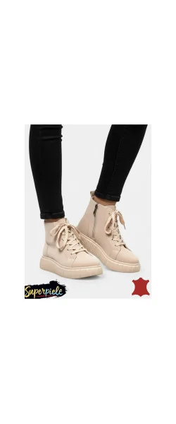 Ghete de damă beige Leather, casual, din piele, cu șireturi și fermoar.
