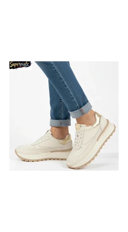 Pantofi casual beige Leather și aurii pentru femei, din piele, cu talpă groasă și confortabilă