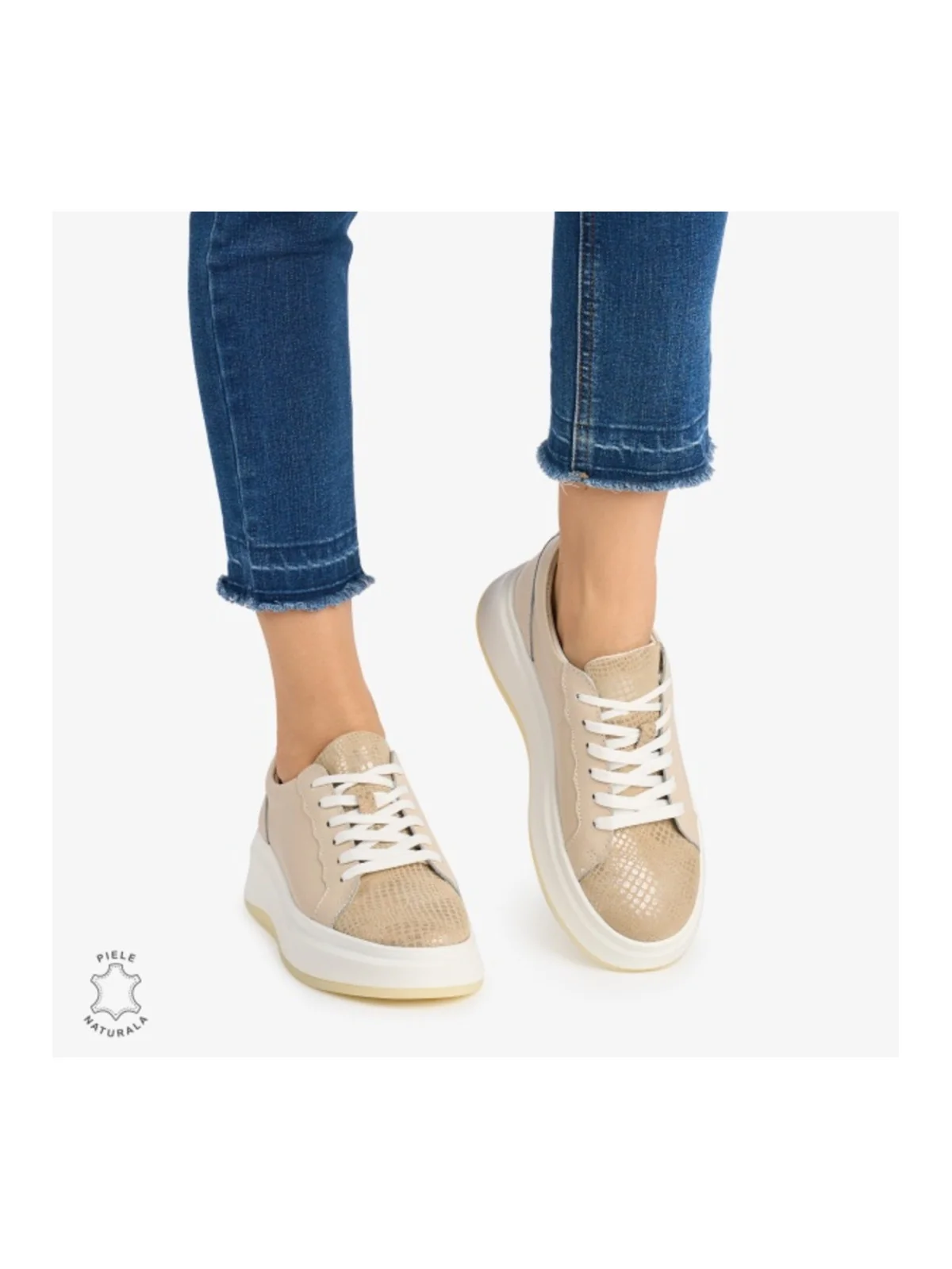 Women's Casual Shoes Genuine Leather - Beige & Gold