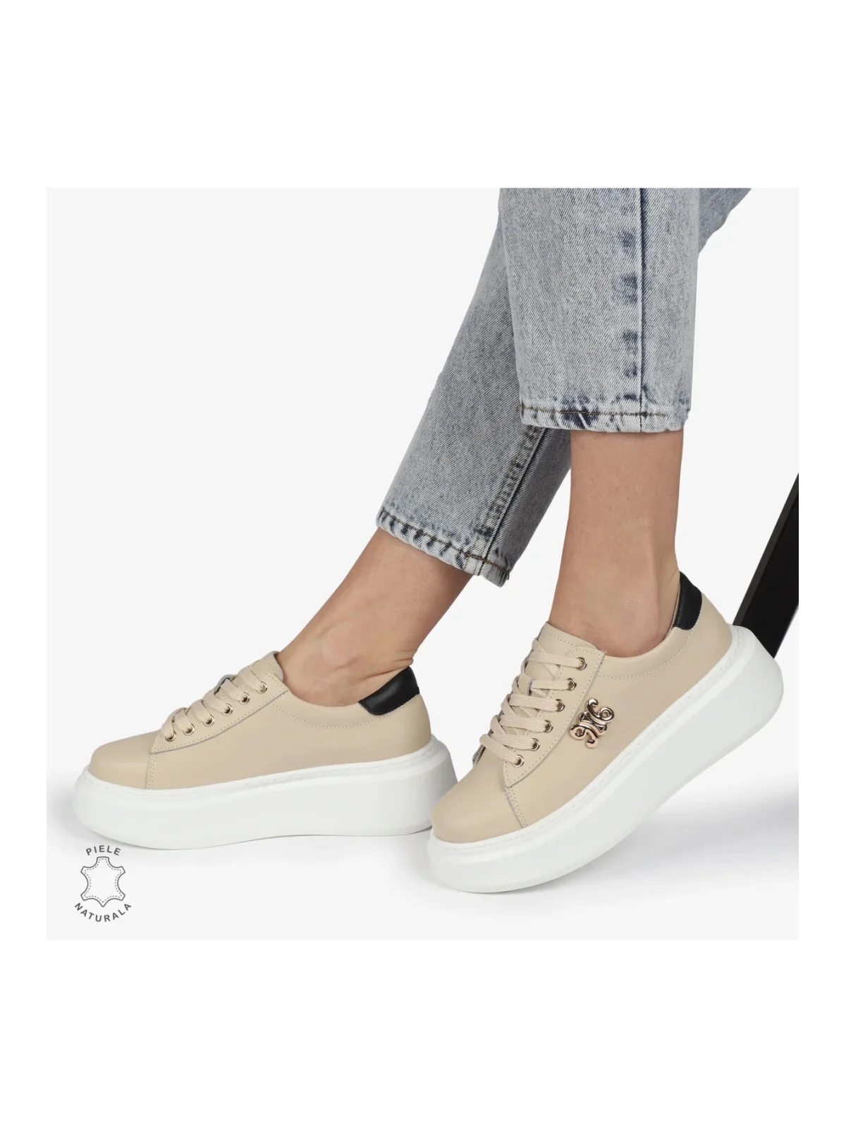 Pantofi sport damă beige Leather din piele cu inserții aurii și aplicații metalice |NESKY|