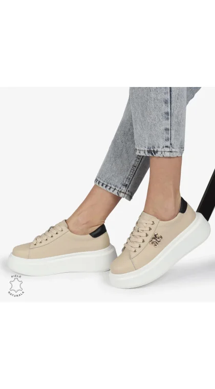 Pantofi sport damă beige Leather din piele cu inserții aurii și aplicații metalice |NESKY|