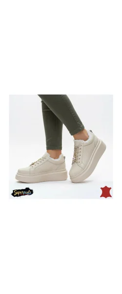 Pantofi casual beige Leather pentru femei din piele, cu talpă înaltă și dantelă decorativă, căptușiți cu blană, T-7011