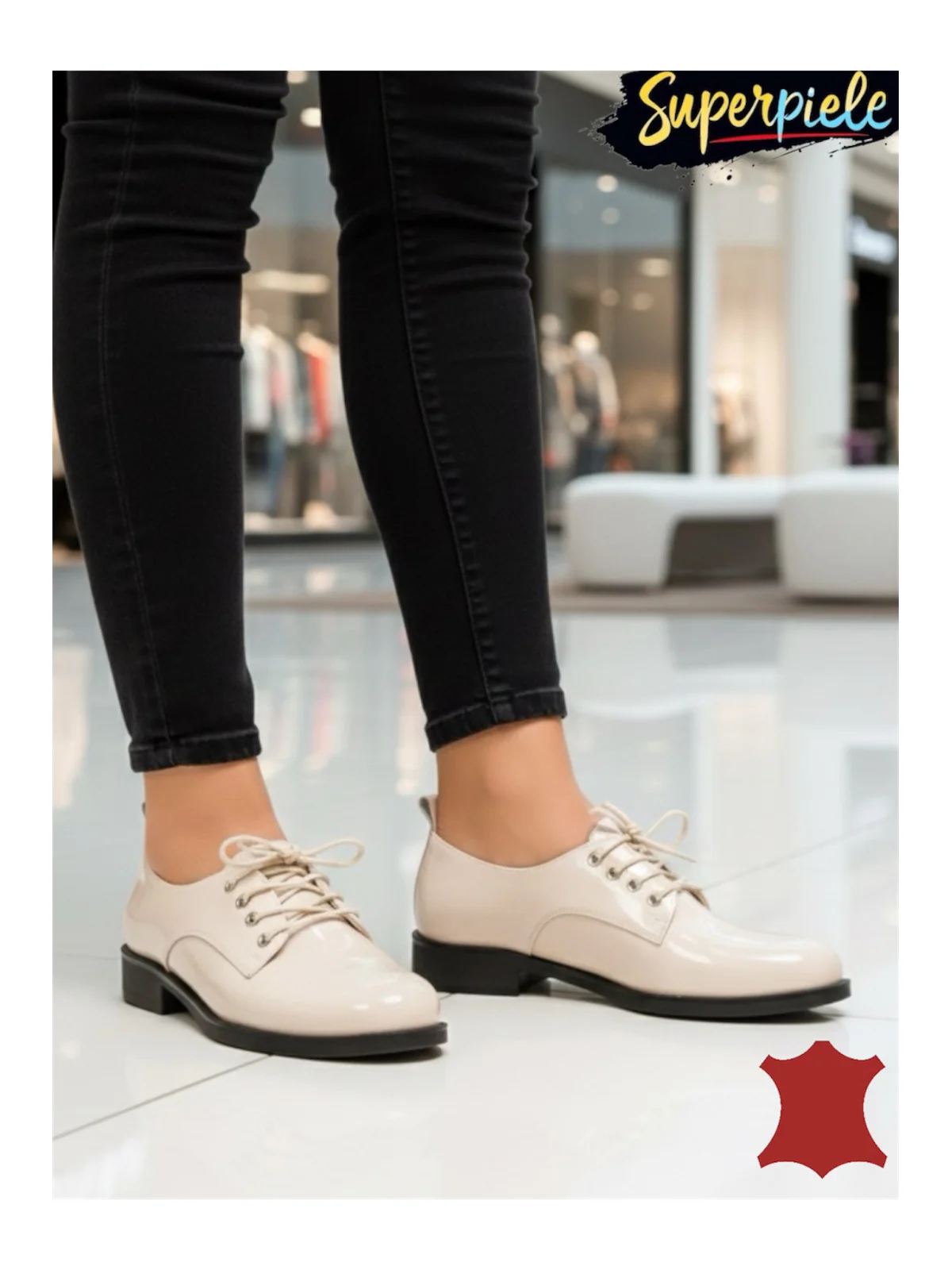 Pantofi oxford beige Leather din piele cu toc jos |ORZAVO|