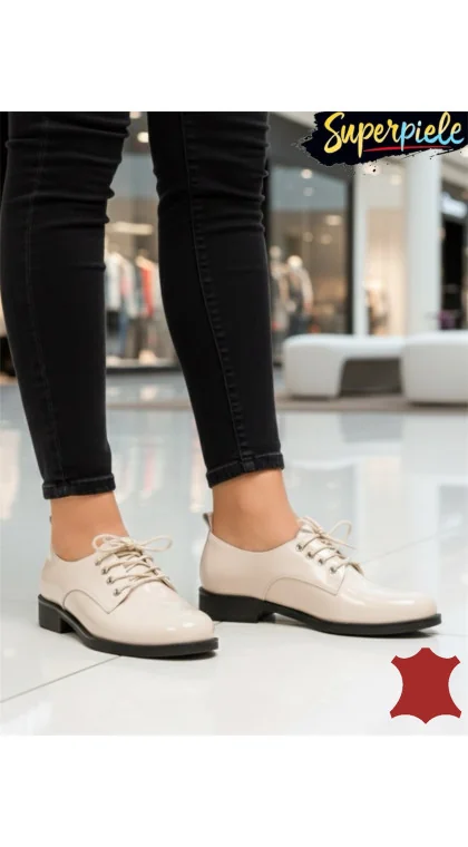Pantofi oxford beige Leather din piele cu toc jos |ORZAVO|