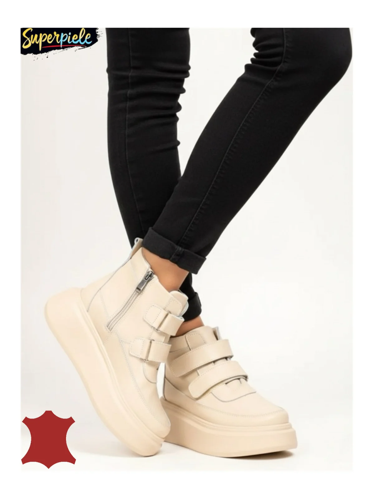 Ghete de damă din piele beige Leather cu talpă groasă