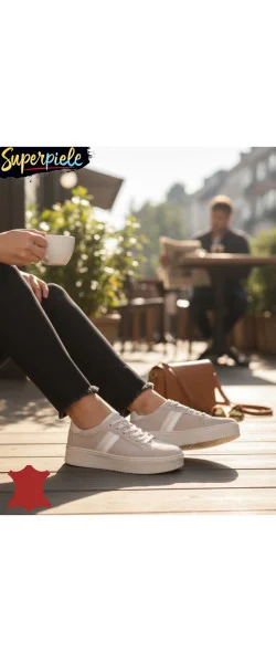 Sneakers din piele naturală – talpă 4 cm, închidere cu șiret