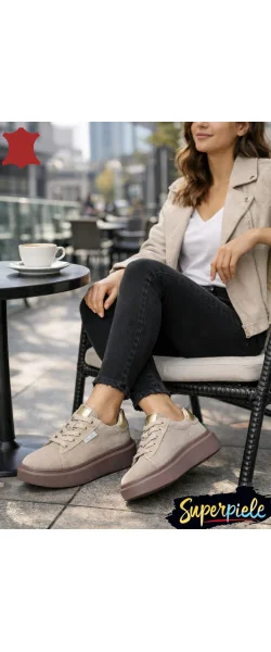 Pantofi casual dama beige Leather din piele naturala intoarsa cu talpa groasa de 5 cm