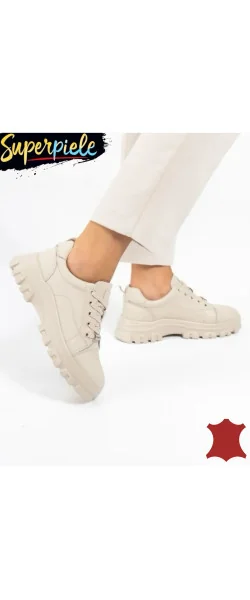 Sneakers beige Leather damă piele naturală super ușori și comozi