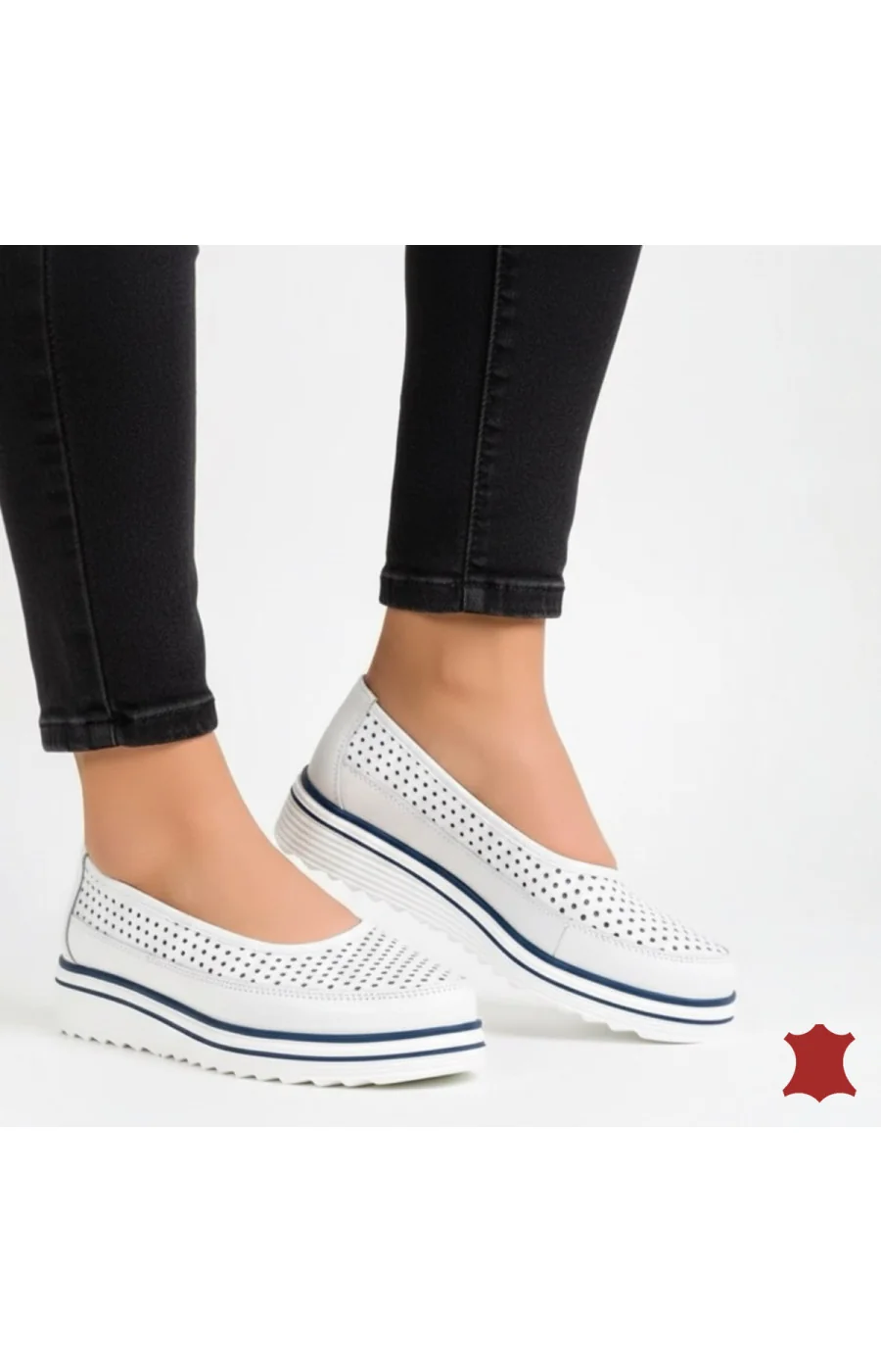 Pantofi casual dama piele naturala perforati cu talpă groasă-slip-on